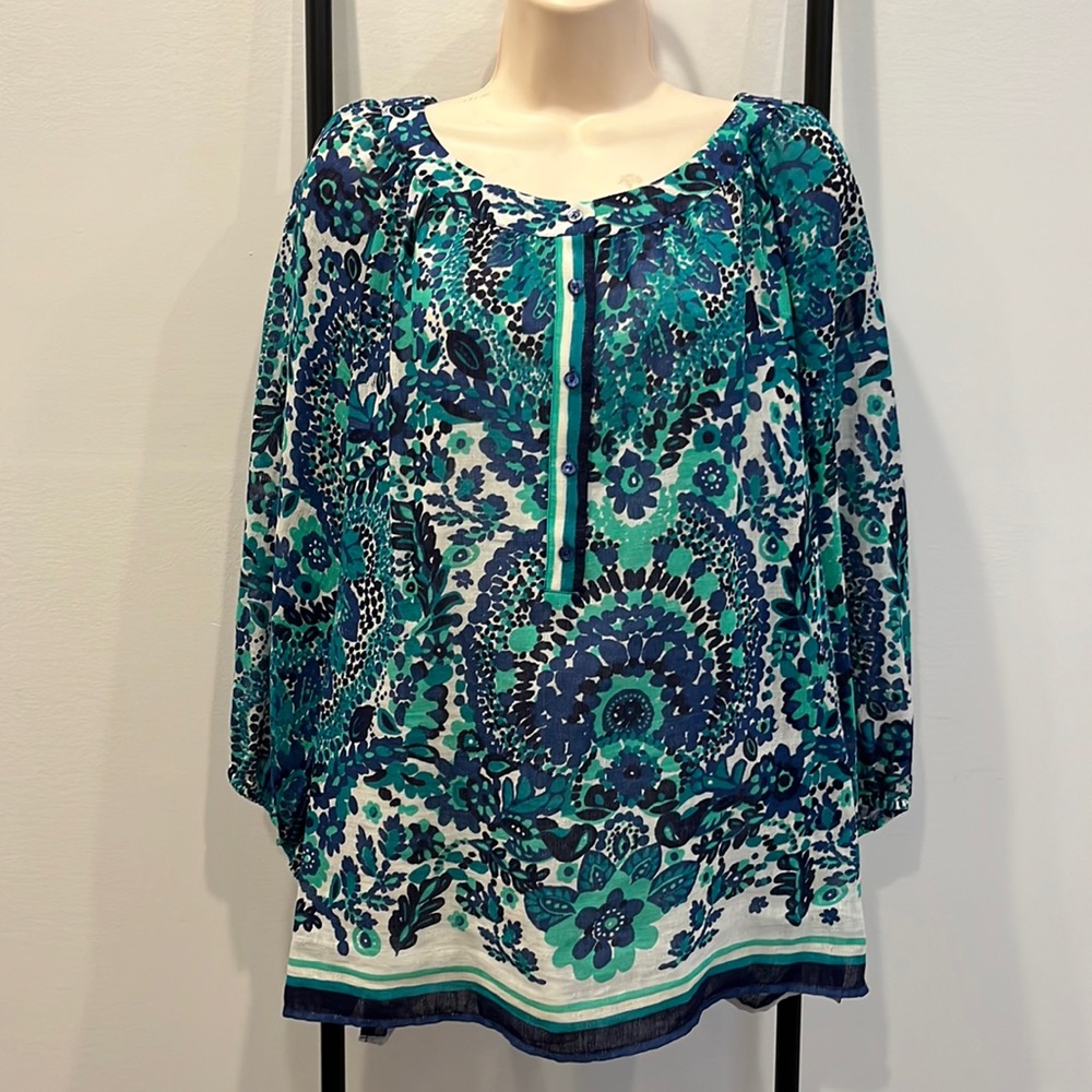 Trina Turk Floral Round Neck Blouse Top Women Size L Long Sleeve Cotton Linen